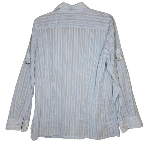 Jones New York Powder Blue Rolled Sleeve Sheer Searsucker Blouse Women Size M - Picture 2 of 12